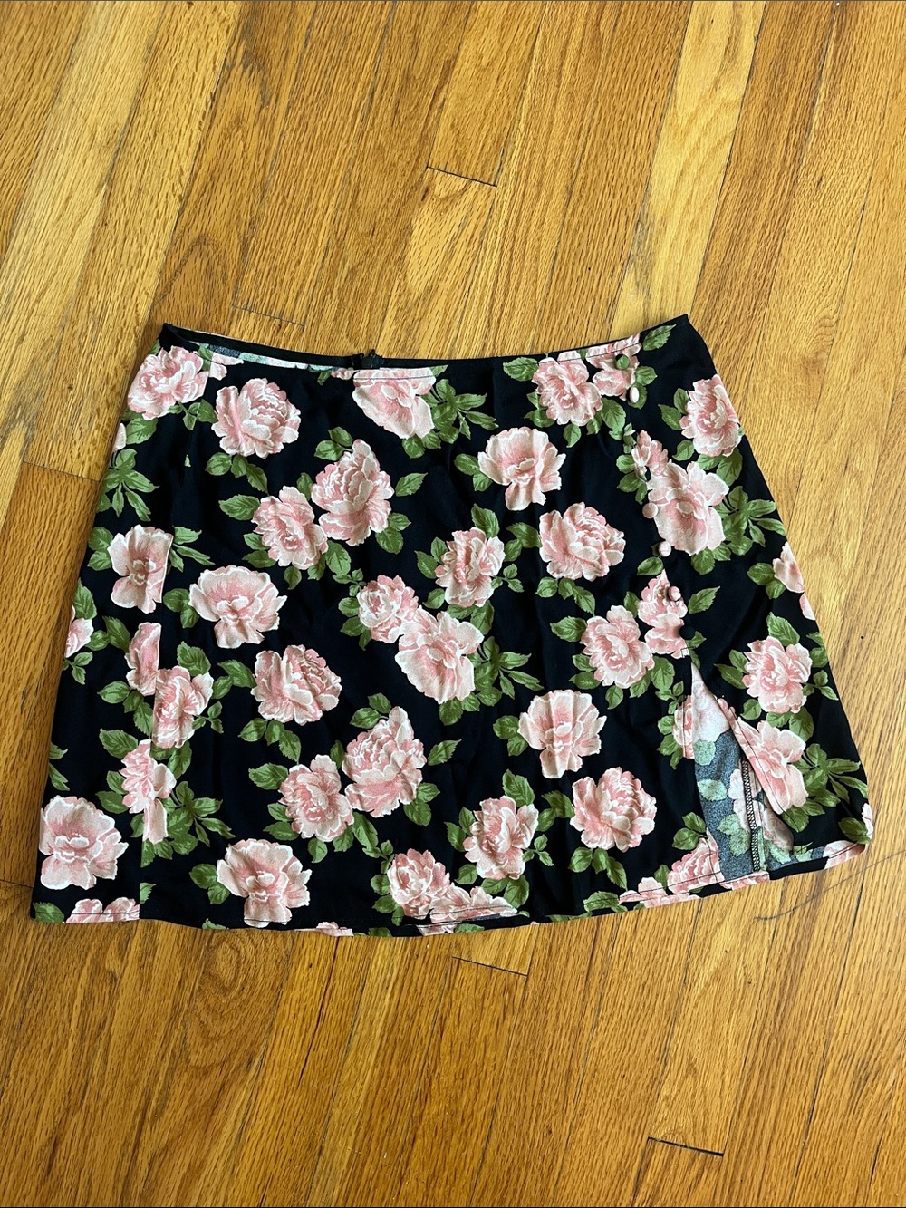 Reformation black and pink floral mini skirt